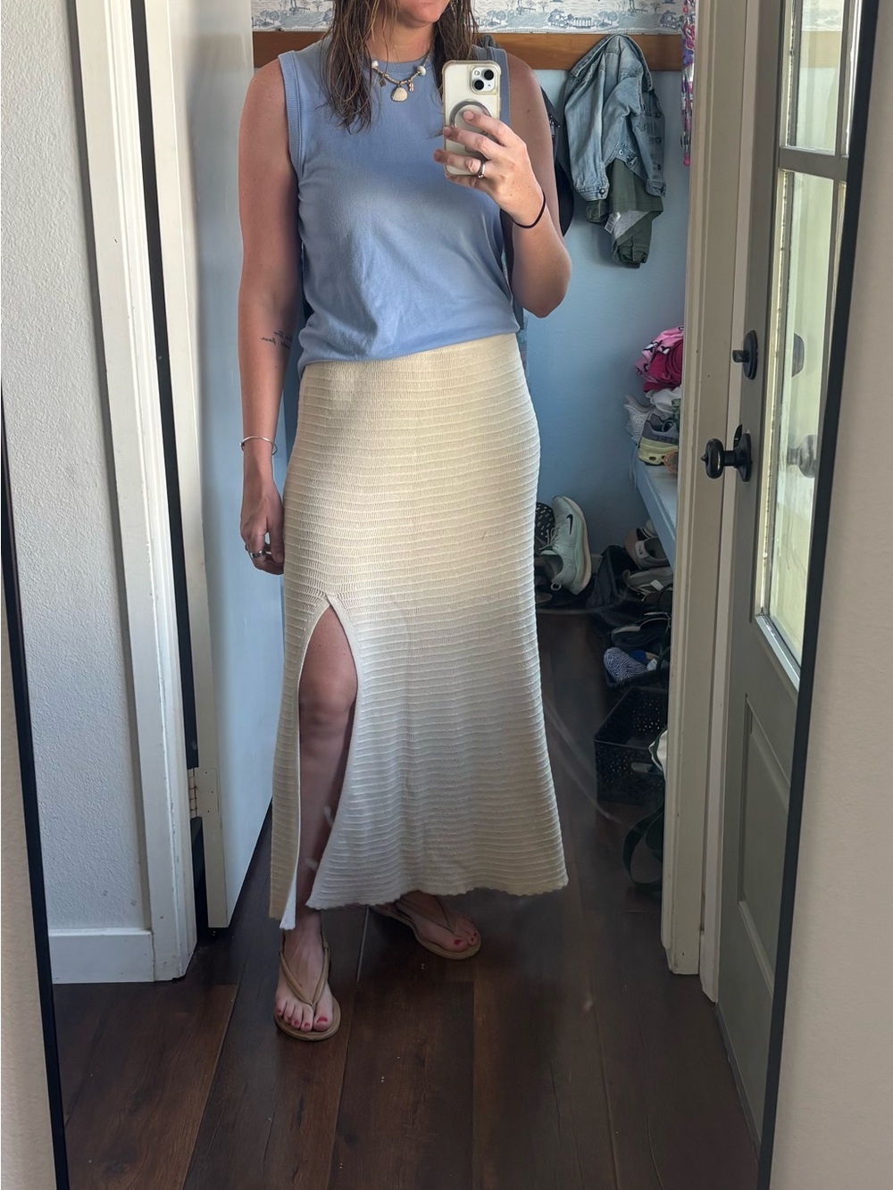 Rylee + Cru Cream white Knit Maxi Skirt with Side Slit